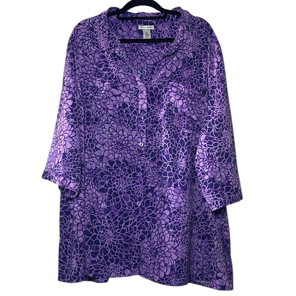 Catherines Tops - Catherines Blouse Women’s 4X 30/32W Purple Floral Button Up Collared Shirt